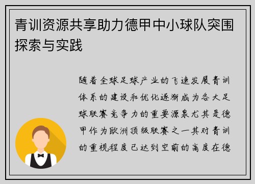 青训资源共享助力德甲中小球队突围探索与实践