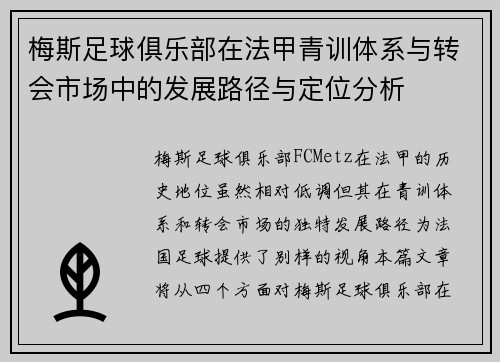 梅斯足球俱乐部在法甲青训体系与转会市场中的发展路径与定位分析