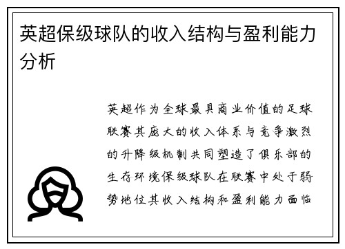 英超保级球队的收入结构与盈利能力分析
