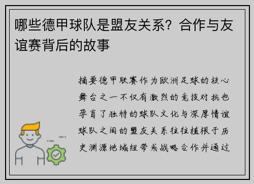哪些德甲球队是盟友关系？合作与友谊赛背后的故事