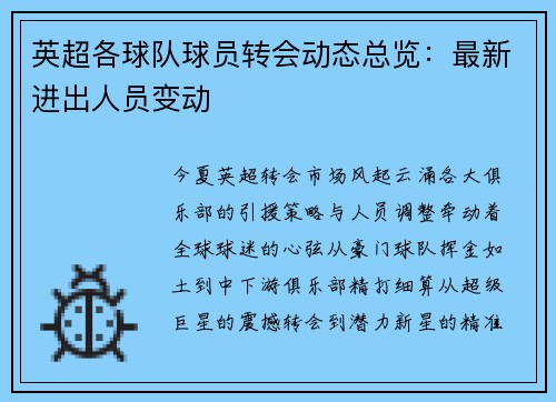 英超各球队球员转会动态总览：最新进出人员变动